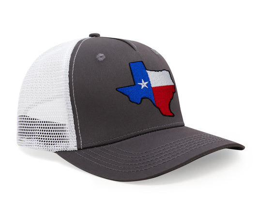 International Tie Hat for Men and Women, Adjustable Snapback Trucker Baseball Cap with Embroidered Patch (Texas, Grey White)