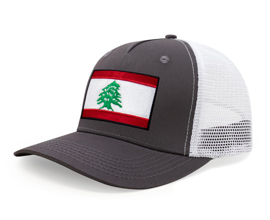 International Tie Lebanon Flag Hat for Men and Women - Adjustable Snapback Trucker Baseball Cap (Grey White)