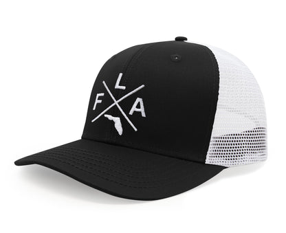 International Tie Premium Florida FLA Hat for Men and Women – Snapback Trucker Baseball Cap (Black/White)
