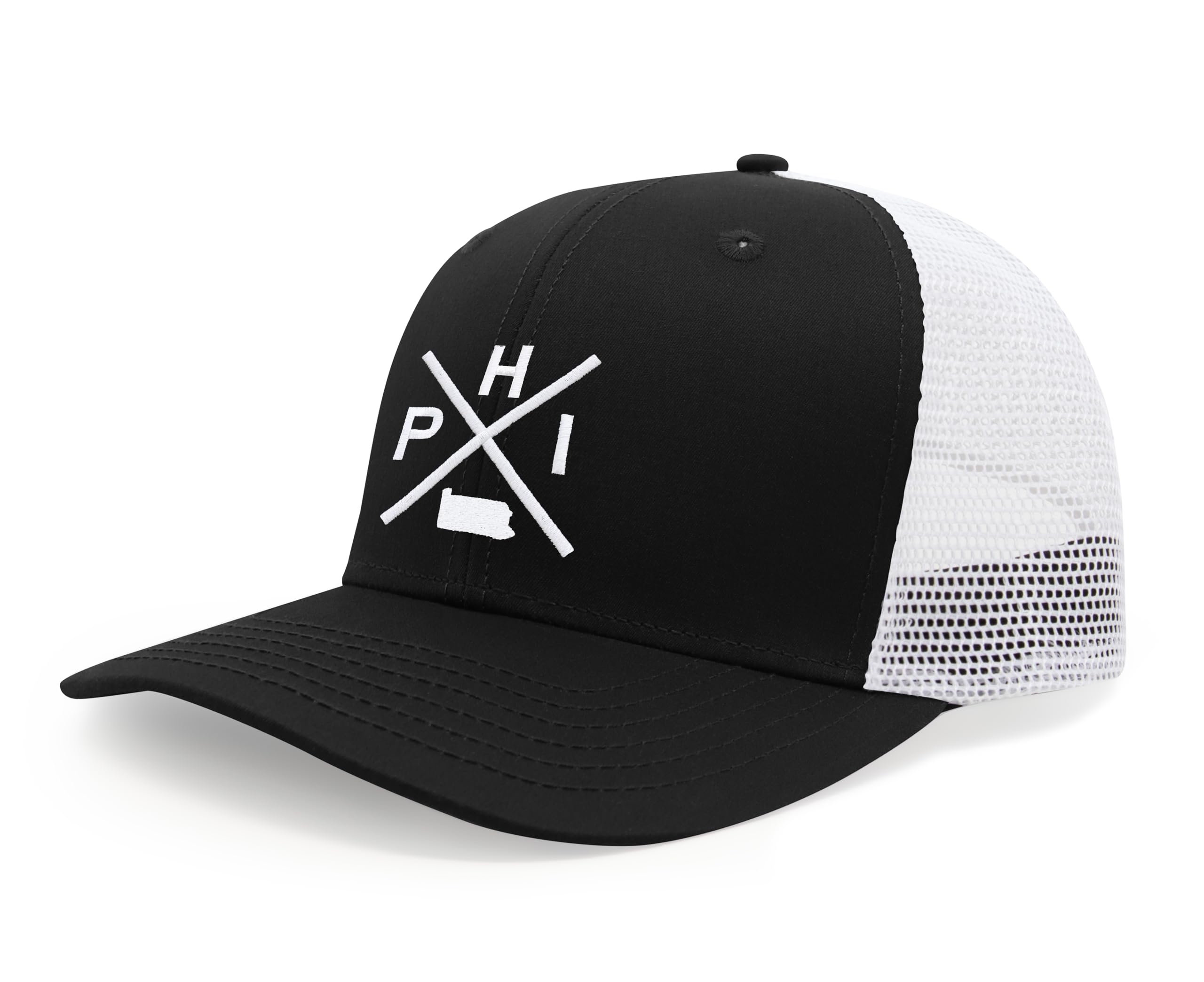 International Tie Hat for Men and Women, Adjustable Snapback Trucker Baseball Cap, Embroidered Cross Logo (PHI - Philadelphia, Black/White)