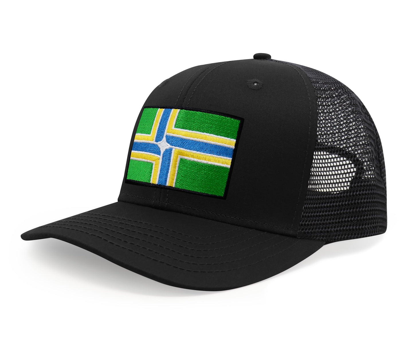 International Tie City Hat for Men and Women, Adjustable Snapback Trucker Baseball Cap with Embroidered Patch (Portland, All Black) - International Tie