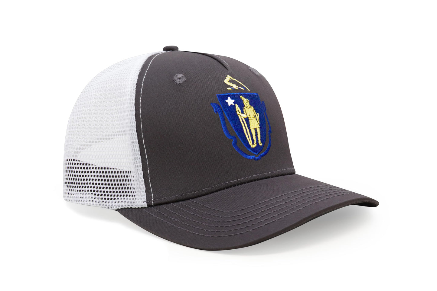 International Tie State Hat for Men and Women, Adjustable Snapback Trucker Baseball Cap with Embroidered Patch (Massachusetts, Grey White) - International Tie