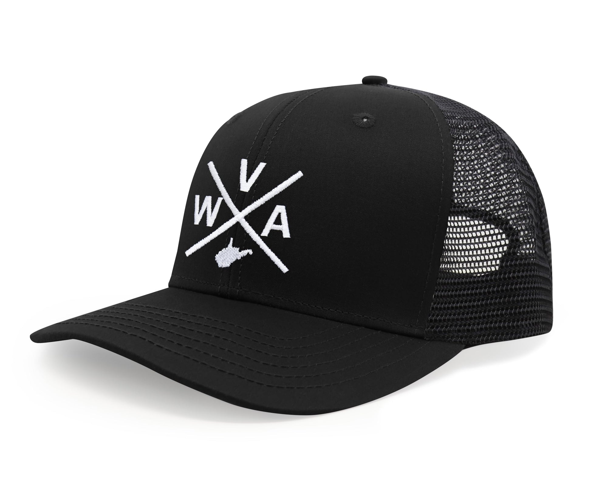 International Tie State City Hat for Men and Women, Snapback Trucker Baseball Cap with Embroidered Cross Logo (West Virginia - WVA, All Black) - International Tie