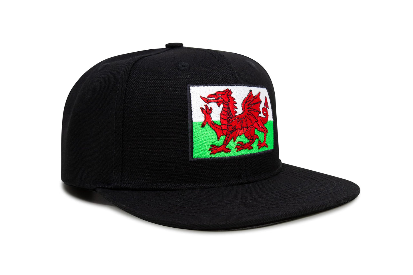 International Tie Country Hat for Men and Women, Adjustable Snapback Trucker Baseball Cap with Embroidered Patch (Wales, Black Flatbill)