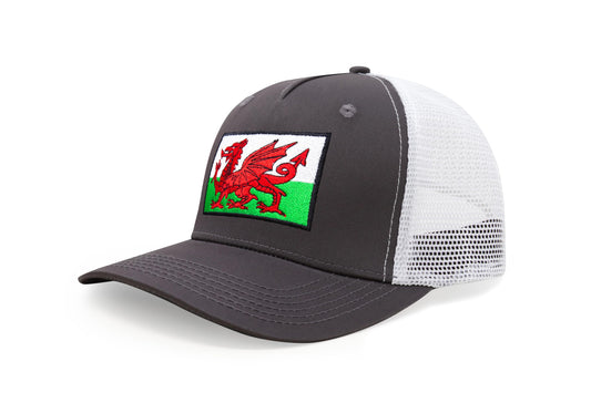 International Tie Country Hat for Men and Women, Adjustable Snapback Trucker Baseball Cap with Embroidered Patch (Wales, Grey White)