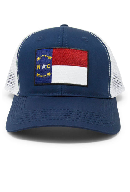 North Carolina Flag Trucker Baseball Snapback Hat (Navy White) - International Tie