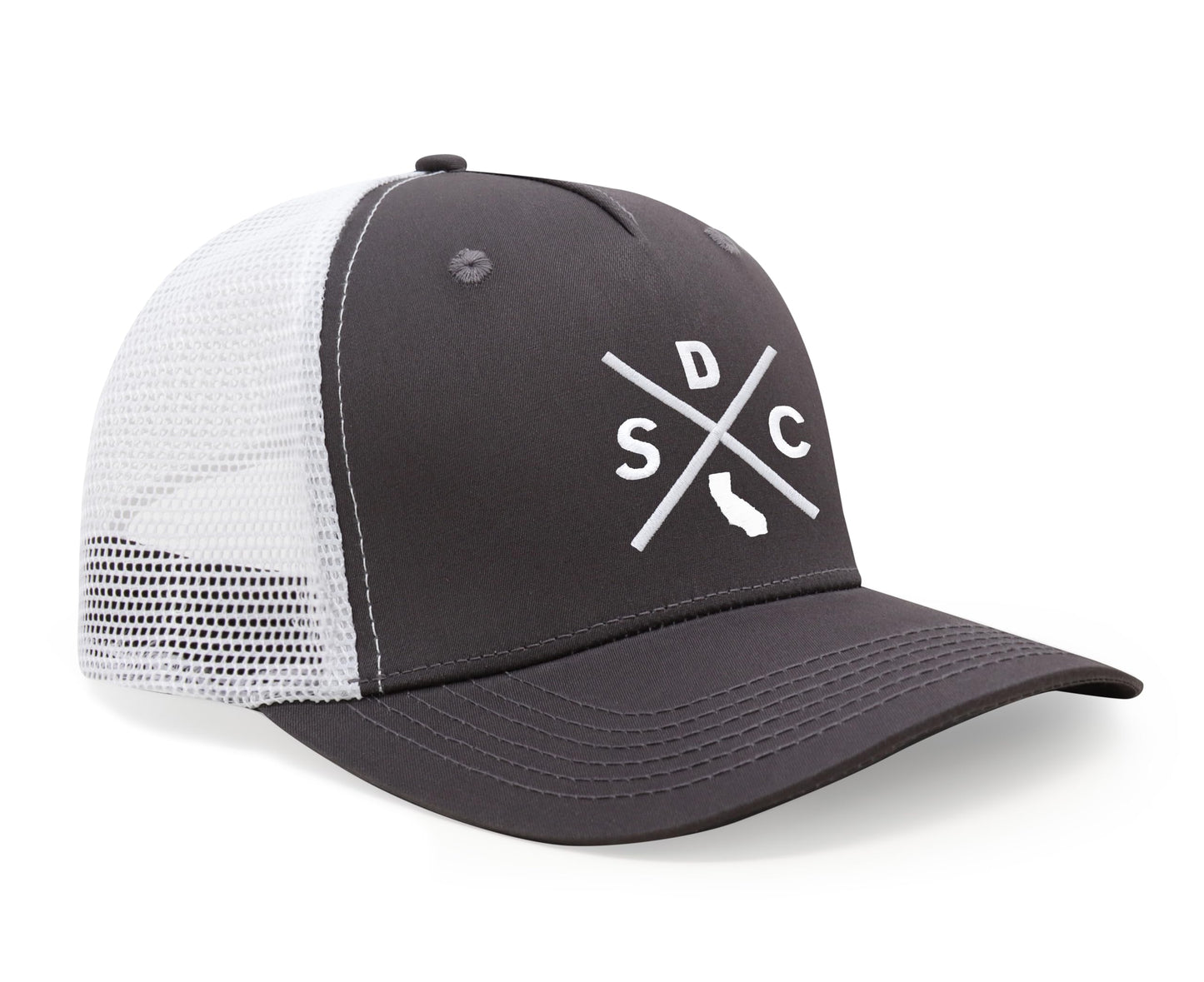 International Tie Hat for Men and Women, Adjustable Snapback Trucker Baseball Cap, Embroidered Cross Logo (SDC - San Diego, Grey White)