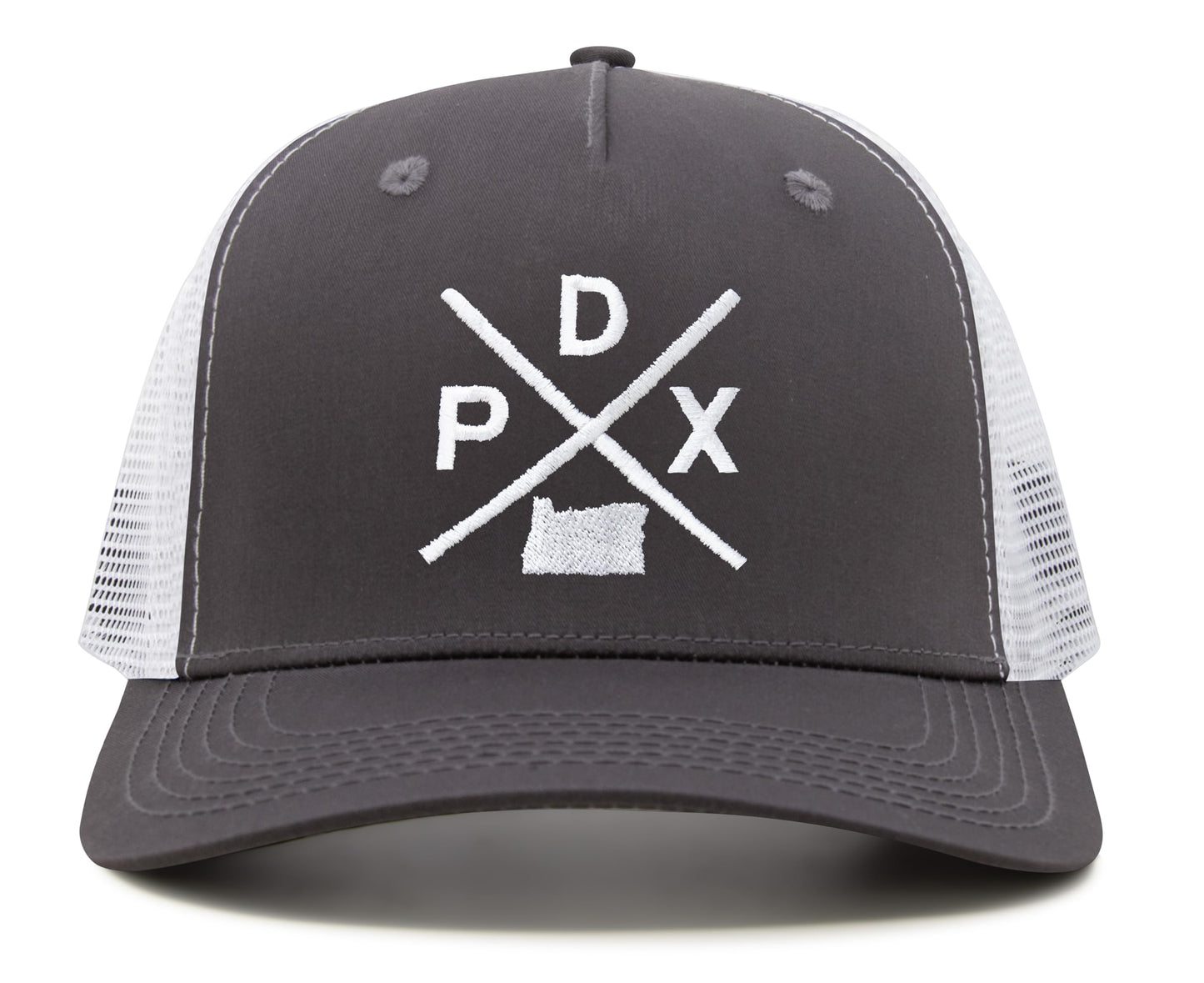 International Tie Hat for Men and Women, Snapback Trucker Baseball Cap, Embroidered Cross Logo (PDX - Portland, Grey White) - International Tie