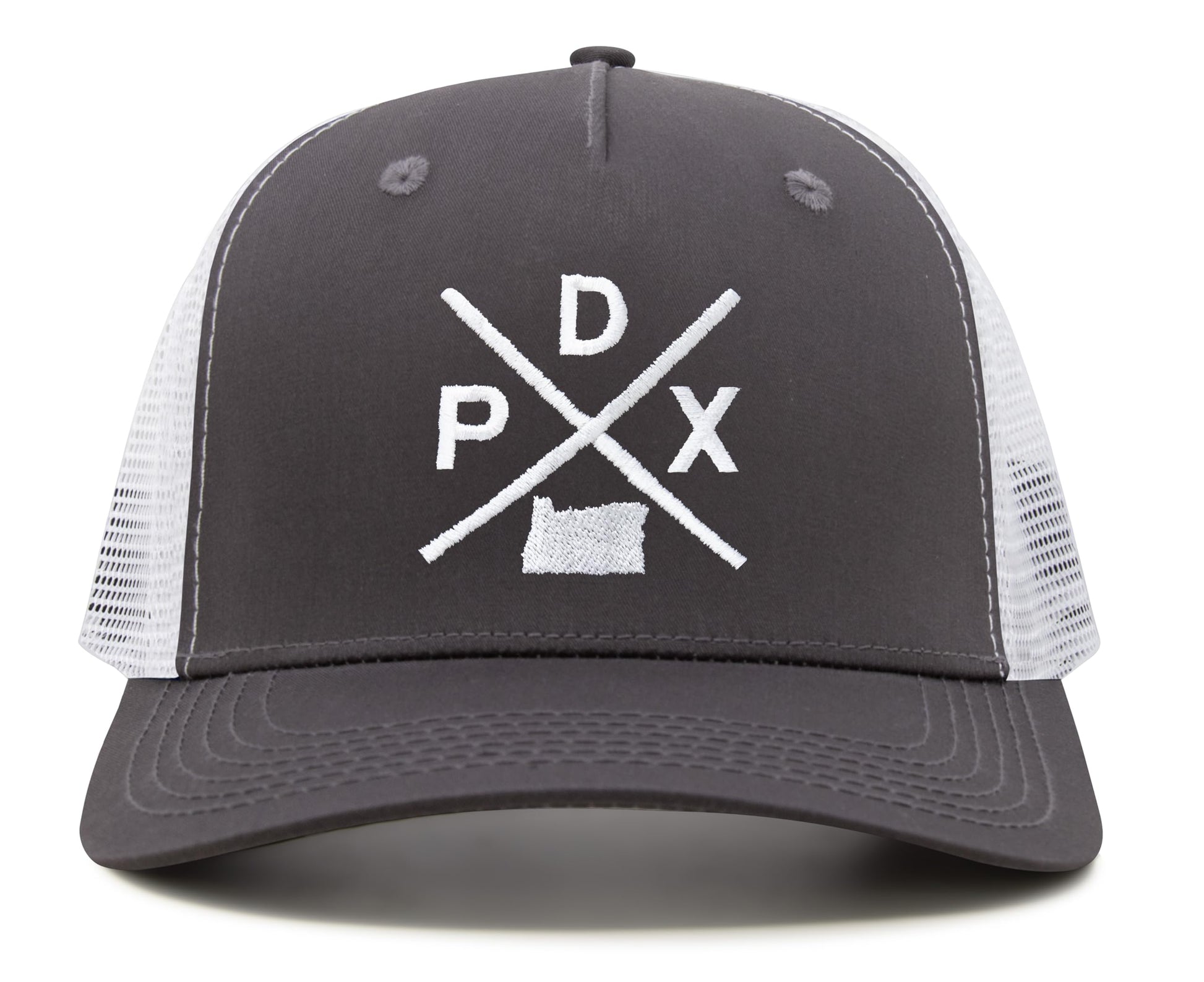 International Tie Hat for Men and Women, Snapback Trucker Baseball Cap, Embroidered Cross Logo (PDX - Portland, Grey White) - International Tie