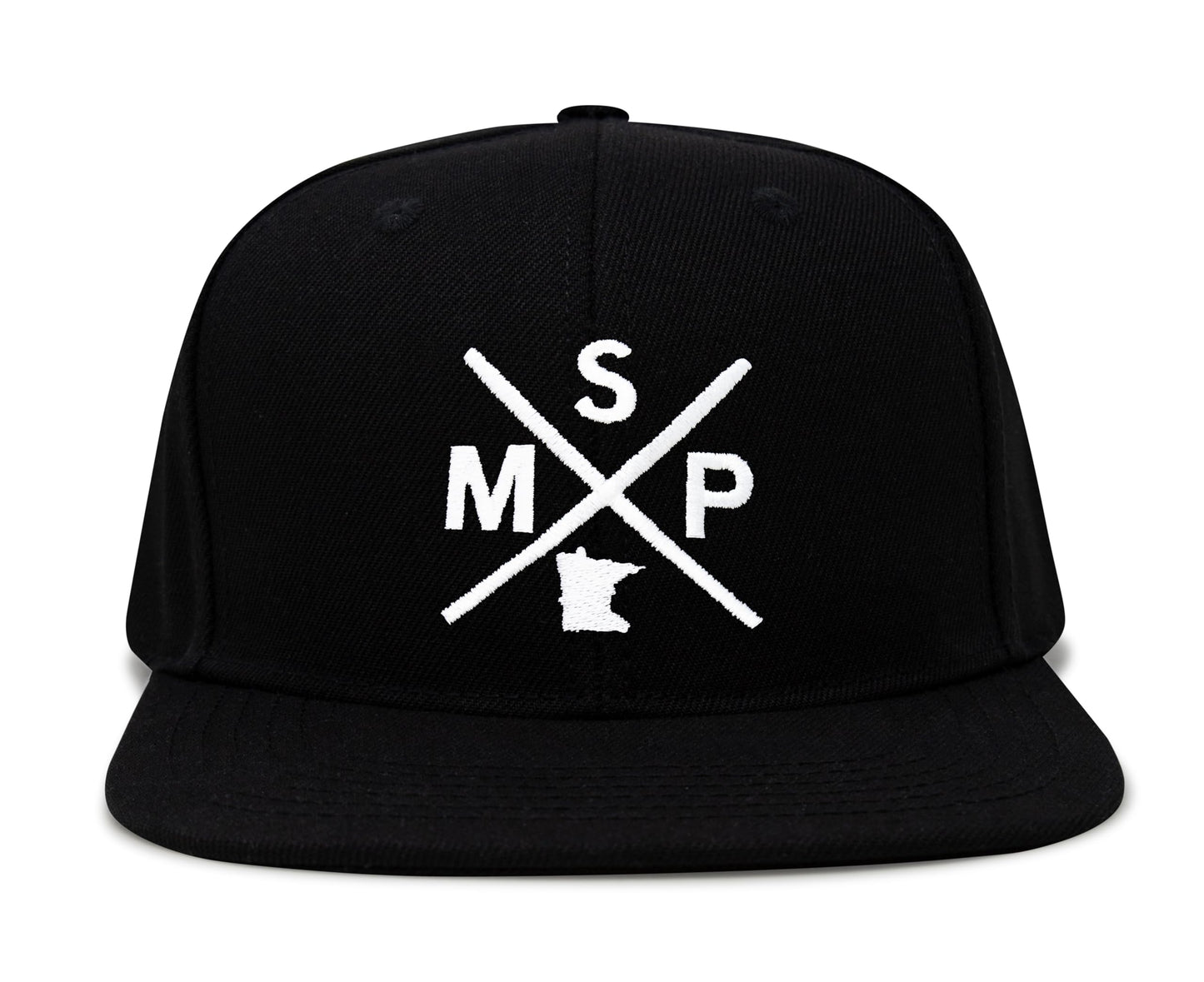 International Tie State City Hat for Men and Women, Snapback Trucker Baseball Cap with Embroidered Cross Logo (MSP - Minneapolis St. Paul, Black Flatbill) - International Tie
