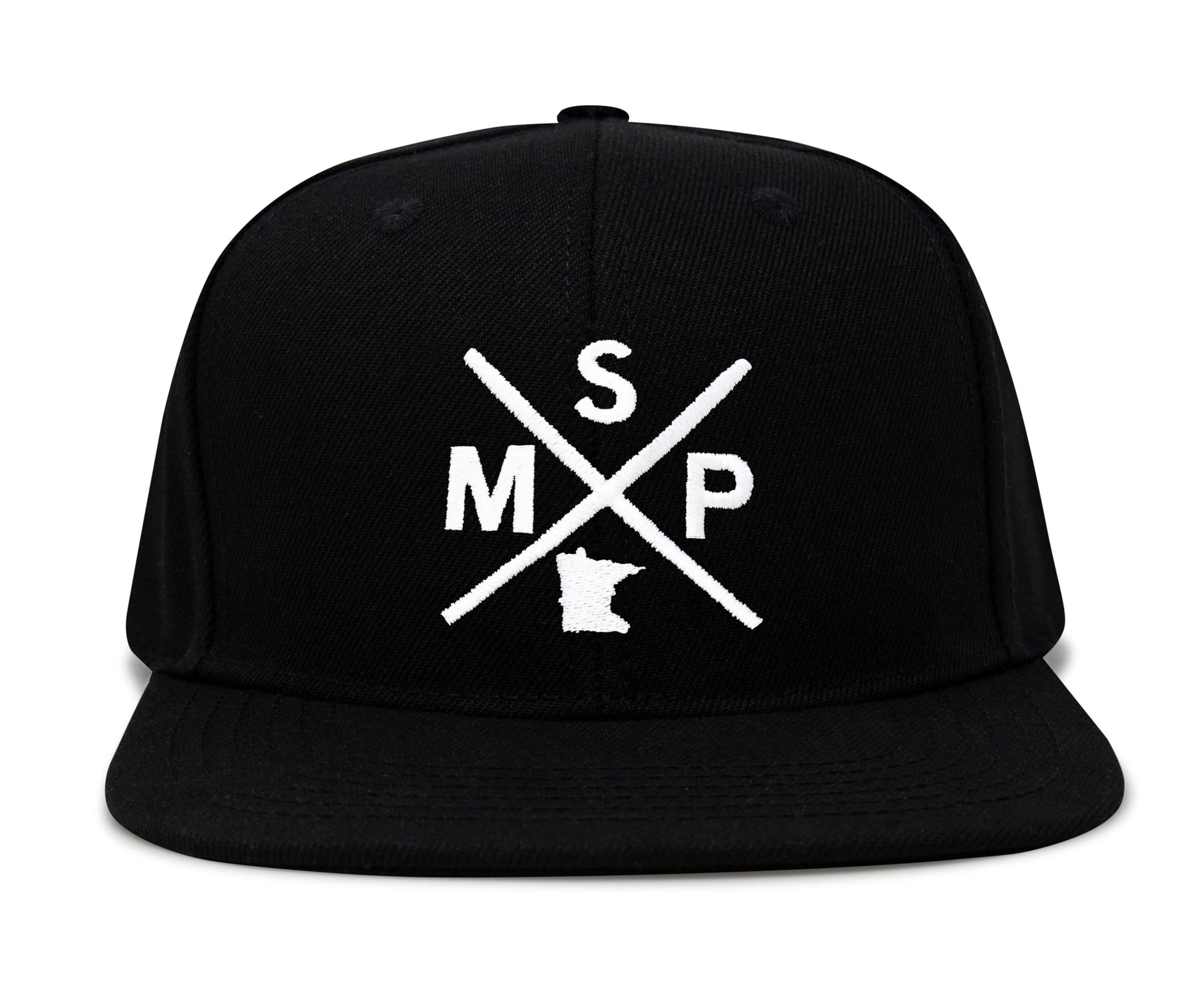 International Tie State City Hat for Men and Women, Snapback Trucker Baseball Cap with Embroidered Cross Logo (MSP - Minneapolis St. Paul, Black Flatbill) - International Tie