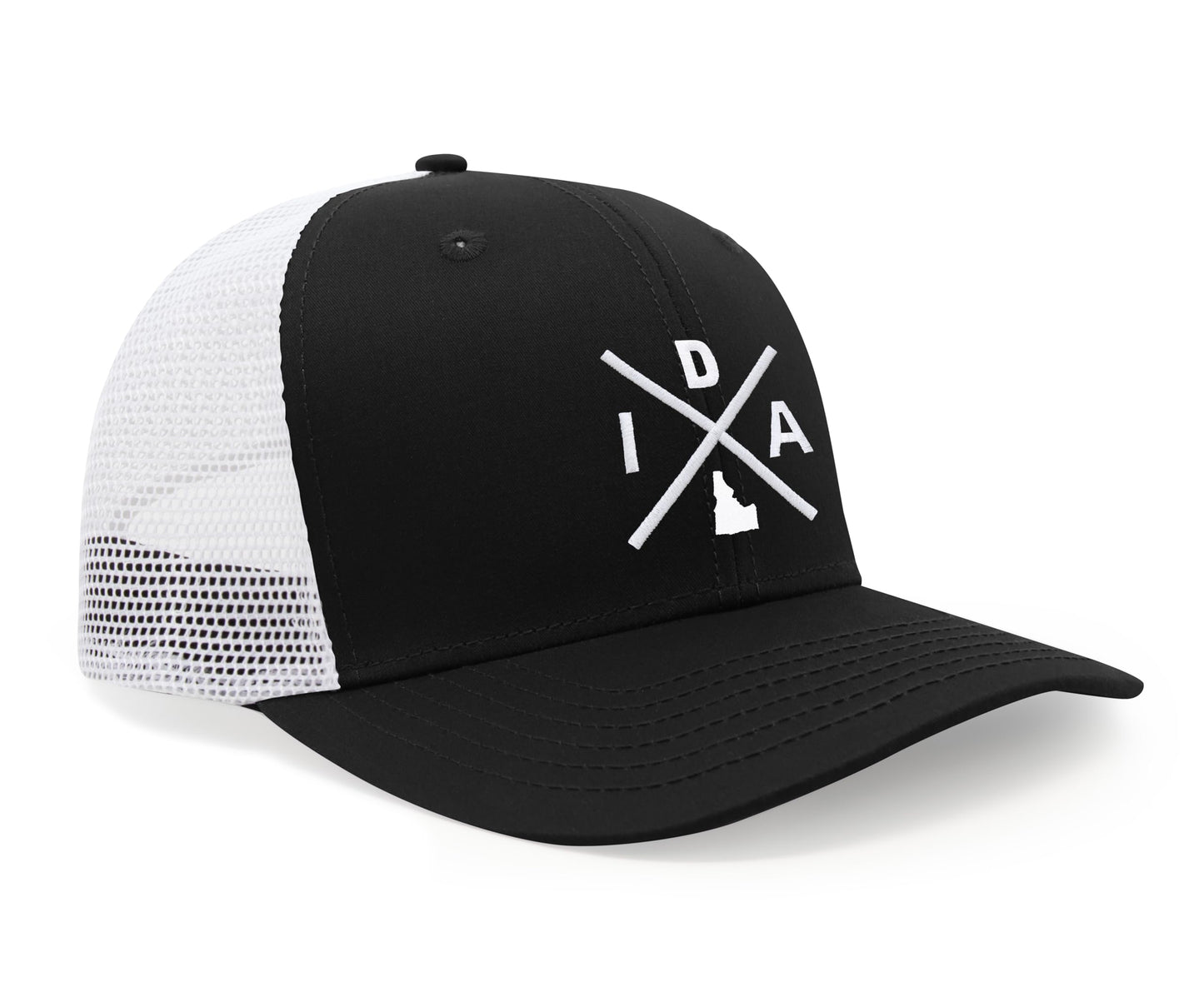 International Tie Hat for Men and Women, Adjustable Snapback Trucker Baseball Cap, Embroidered Cross Logo (IDA - Idaho, Black White)