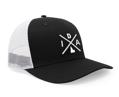 International Tie Hat for Men and Women, Adjustable Snapback Trucker Baseball Cap, Embroidered Cross Logo (IDA - Idaho, Black White)