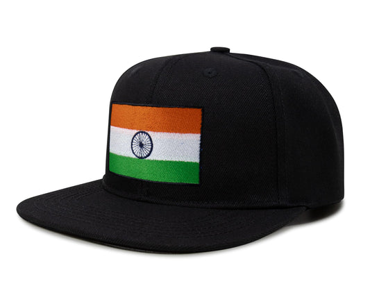 International Tie Indian Flag Hat for Men and Women - Adjustable India Snapback Trucker Baseball Cap (Black Flatbill)