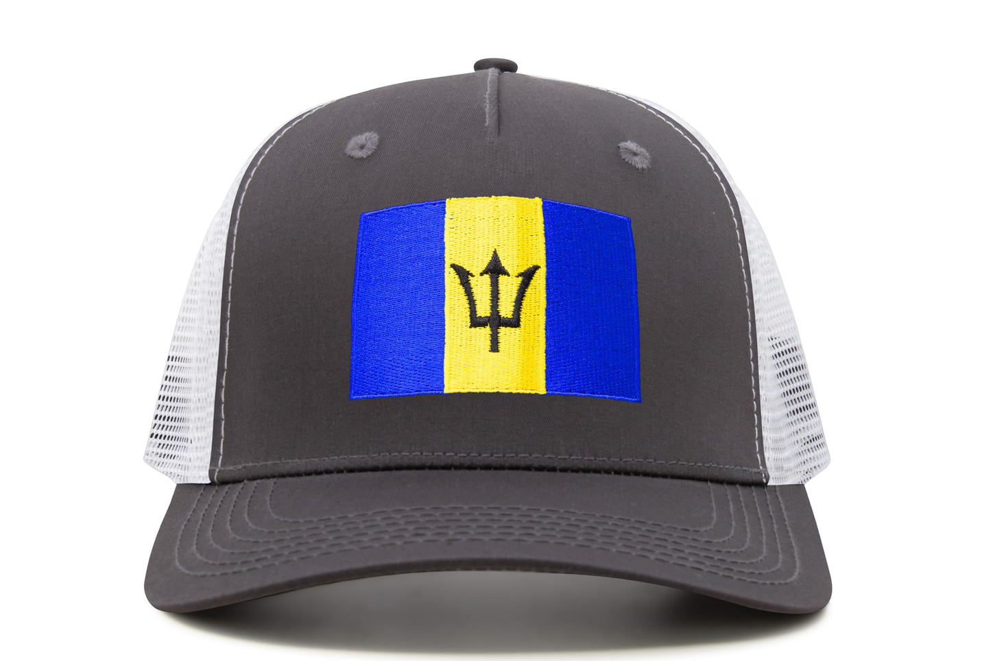International Tie Country Hat for Men and Women, Adjustable Snapback Trucker Baseball Cap with Embroidered Patch (Barbados, Grey White) - International Tie