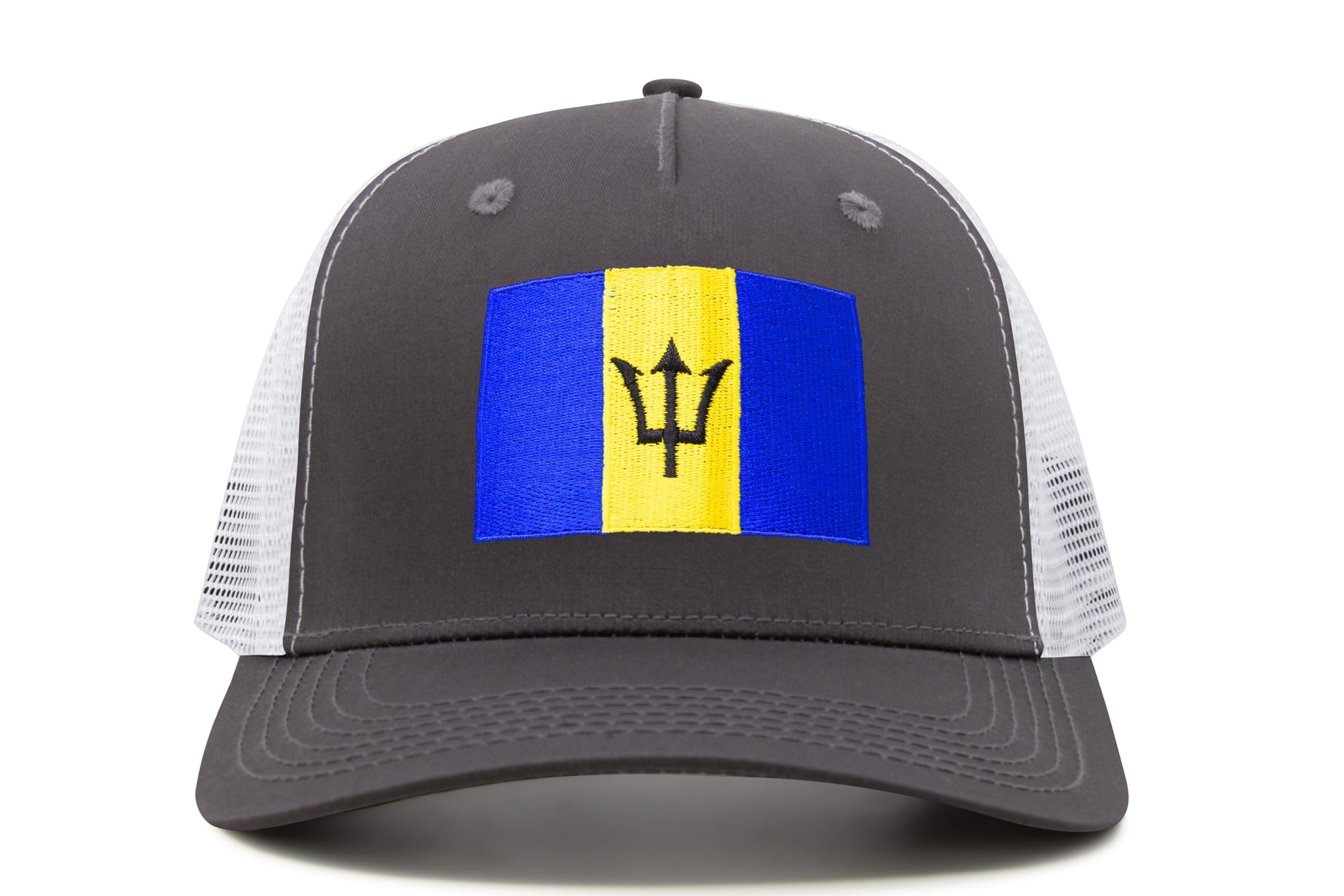 International Tie Country Hat for Men and Women, Adjustable Snapback Trucker Baseball Cap with Embroidered Patch (Barbados, Grey White) - International Tie
