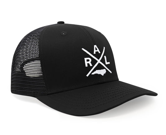 International Tie State City Hat for Men and Women, Snapback Trucker Baseball Cap with Embroidered Cross Logo (Raleigh - RAL, All Black)
