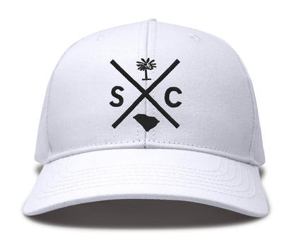 International Tie Hat for Men and Women, Adjustable Snapback Trucker Baseball Cap, Embroidered Cross Logo (SC - South Carolina, All White)