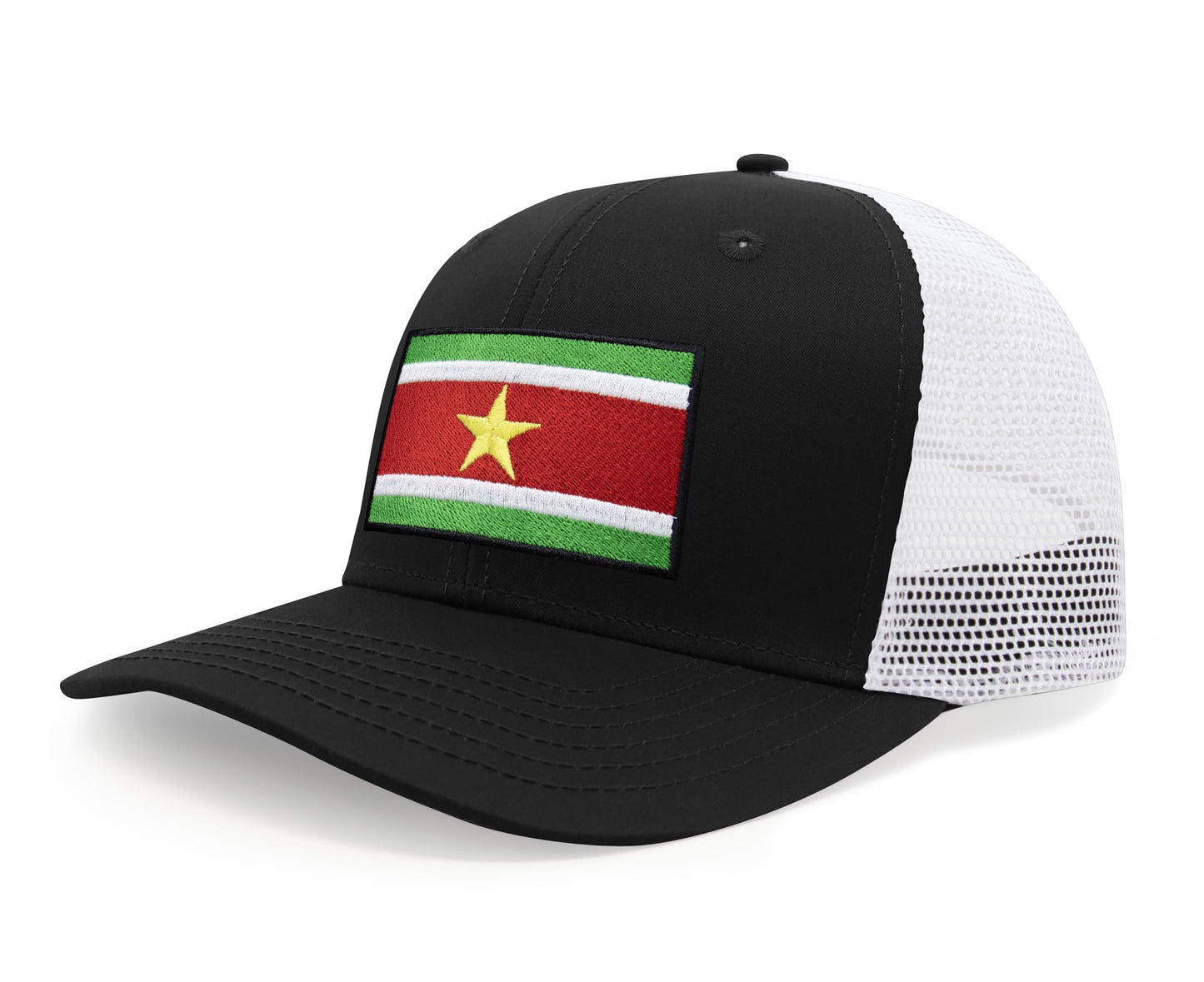 International Tie Country Hat for Men and Women, Adjustable Snapback Trucker Baseball Cap with Embroidered Patch (Suriname, Black White) - International Tie