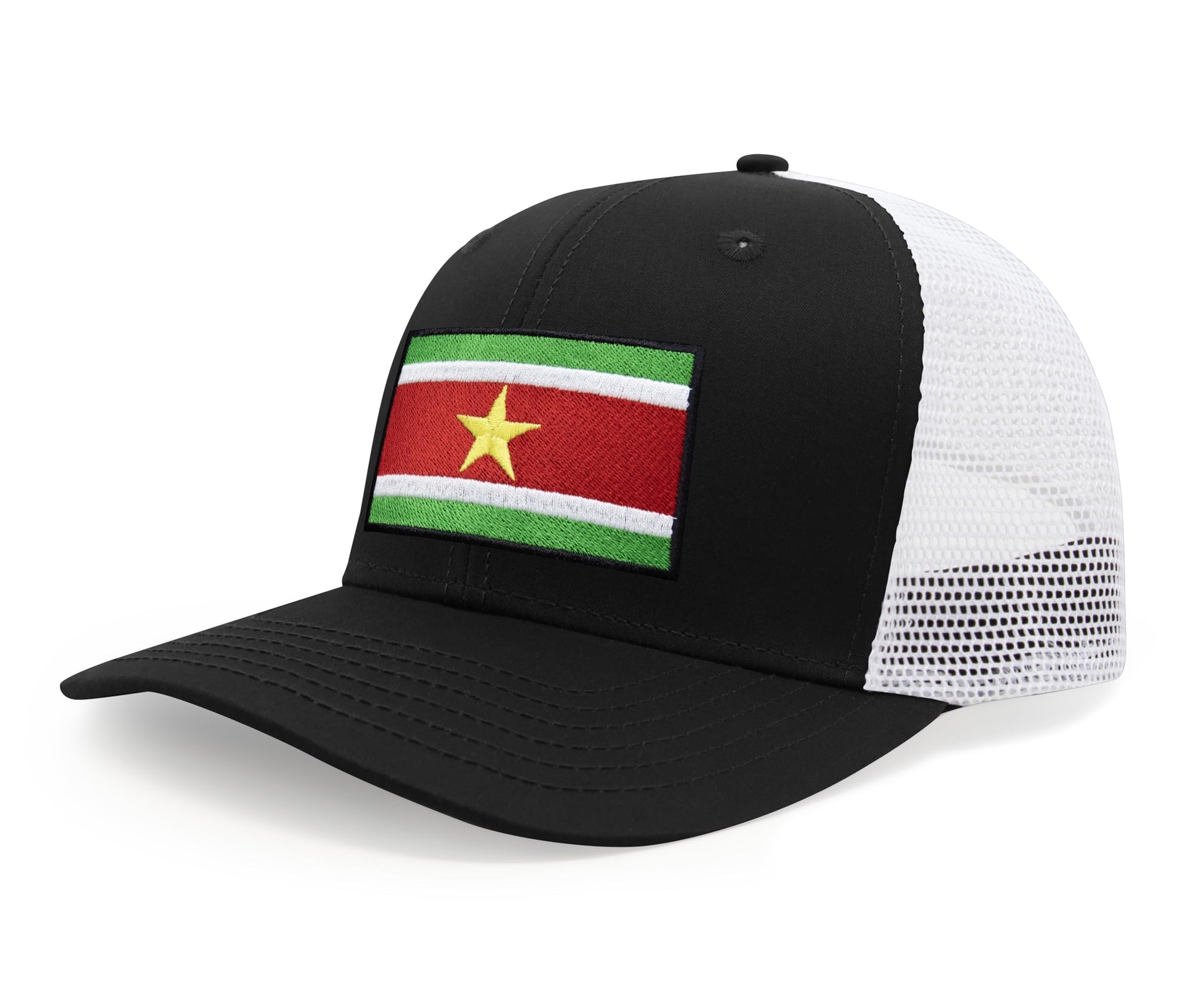 International Tie Country Hat for Men and Women, Adjustable Snapback Trucker Baseball Cap with Embroidered Patch (Suriname, Black White) - International Tie