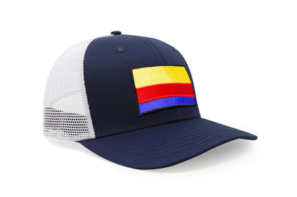 International Tie Country Hat for Men and Women, Adjustable Snapback Trucker Baseball Cap with Embroidered Patch (Colombia, Navy White)
