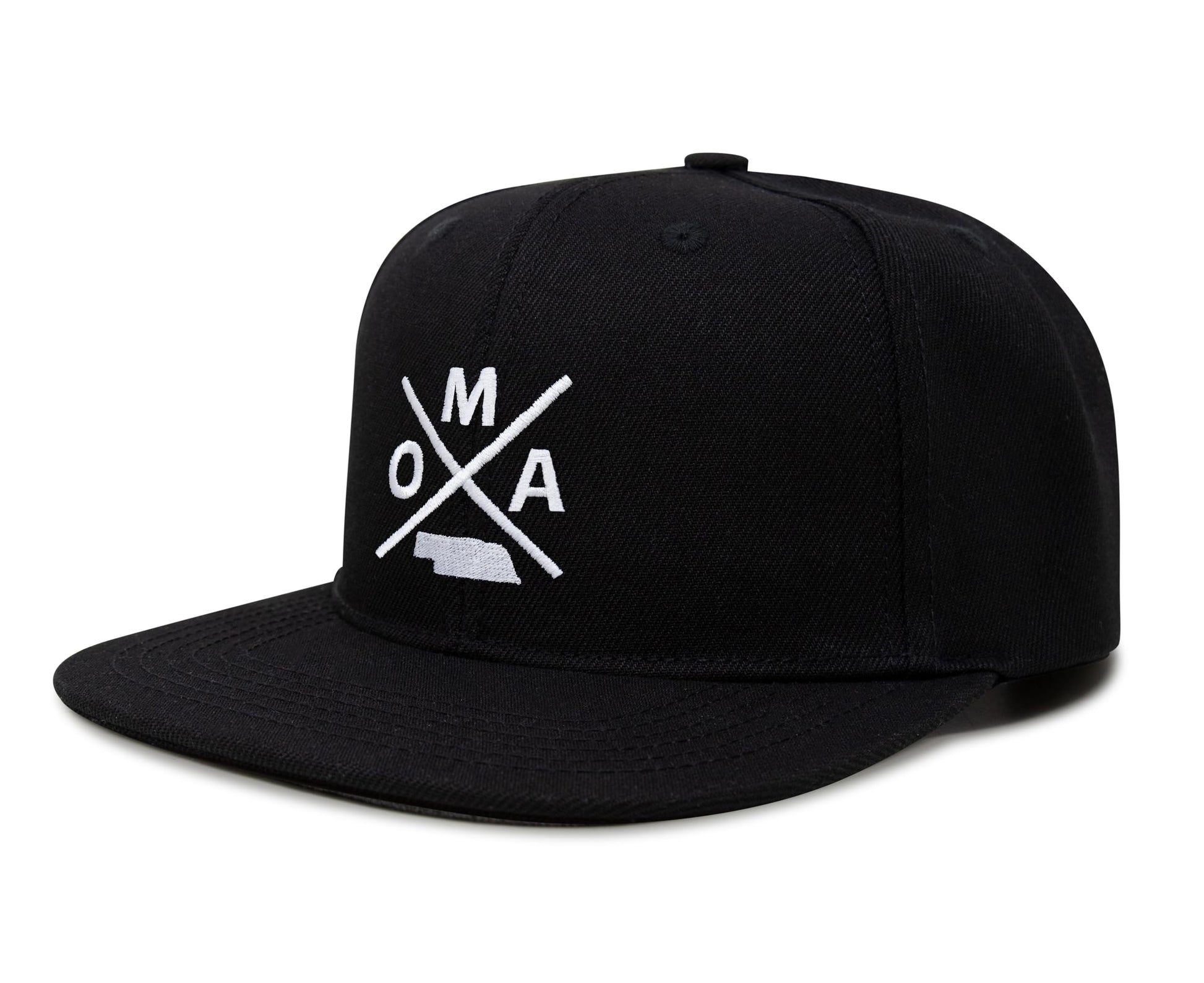 International Tie Hat for Men and Women, Snapback Trucker Baseball Cap, Embroidered Cross Logo (OMA - Omaha, Black Flatbill) - International Tie