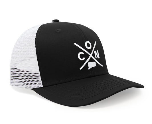 International Tie State City Hat for Men and Women, Snapback Trucker Baseball Cap with Embroidered Cross Logo (Connecticut - CON, Black White)