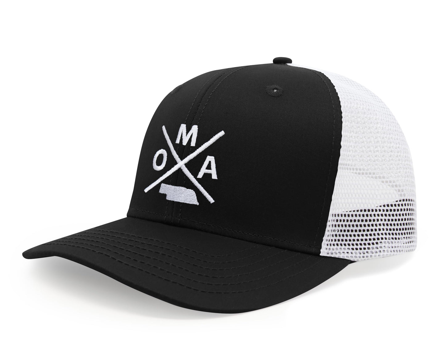 International Tie Hat for Men and Women, Snapback Trucker Baseball Cap, Embroidered Cross Logo (OMA - Omaha, Black White) - International Tie