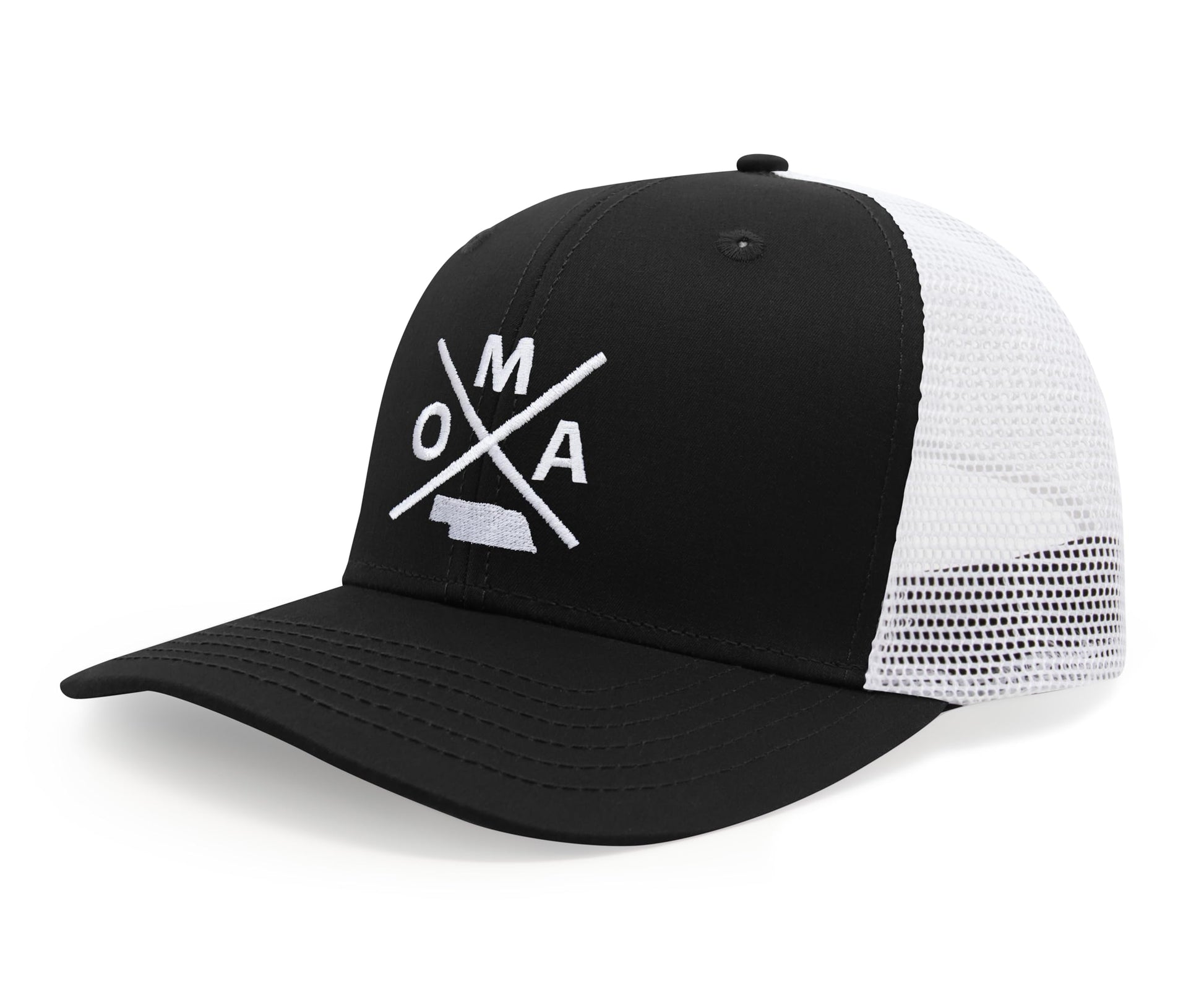 International Tie Hat for Men and Women, Snapback Trucker Baseball Cap, Embroidered Cross Logo (OMA - Omaha, Black White) - International Tie