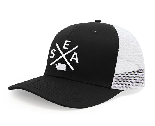 International Tie Seattle SEA Hat for Men and Women - Snapback Trucker Baseball Cap (Black/White)