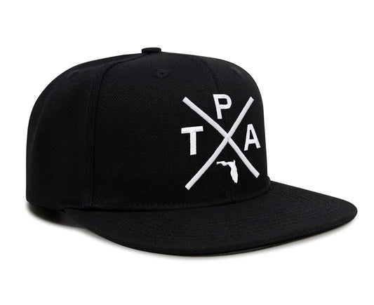 International Tie Hat for Men and Women, Snapback Trucker Baseball Cap, Embroidered Cross Logo (Tampa - TPA, Black Flatbill)