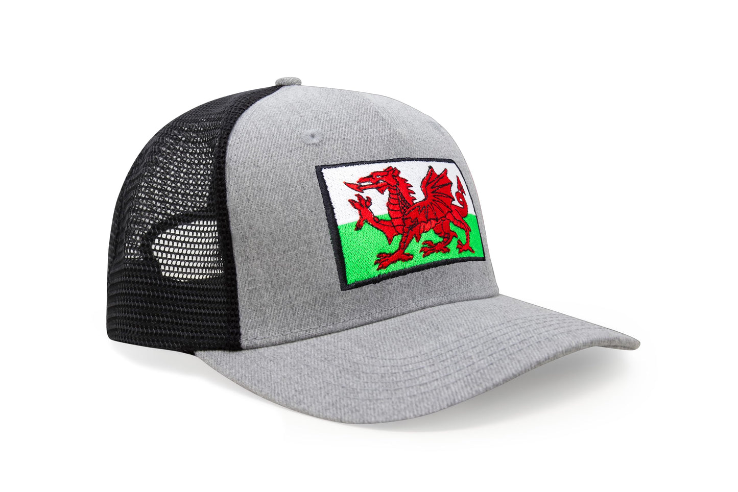International Tie Country Hat for Men and Women, Adjustable Snapback Trucker Baseball Cap with Embroidered Patch (Wales, Grey Black)