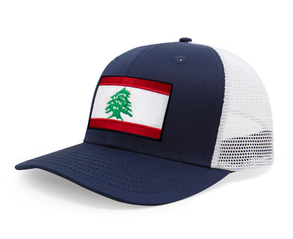 International Tie Lebanon Flag Hat for Men and Women - Adjustable Snapback Trucker Baseball Cap (Navy White)