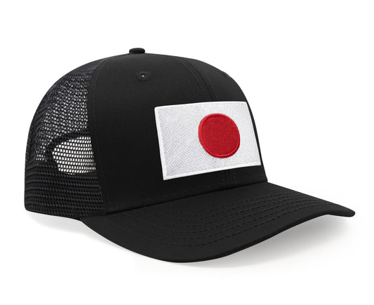 International Tie Country Hat for Men and Women, Adjustable Snapback Trucker Baseball Cap with Embroidered Patch (Japan, All Black) - International Tie