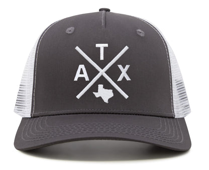International Tie Austin ATX Trucker Hat for Men and Women – Snapback Baseball Cap (Grey/White)