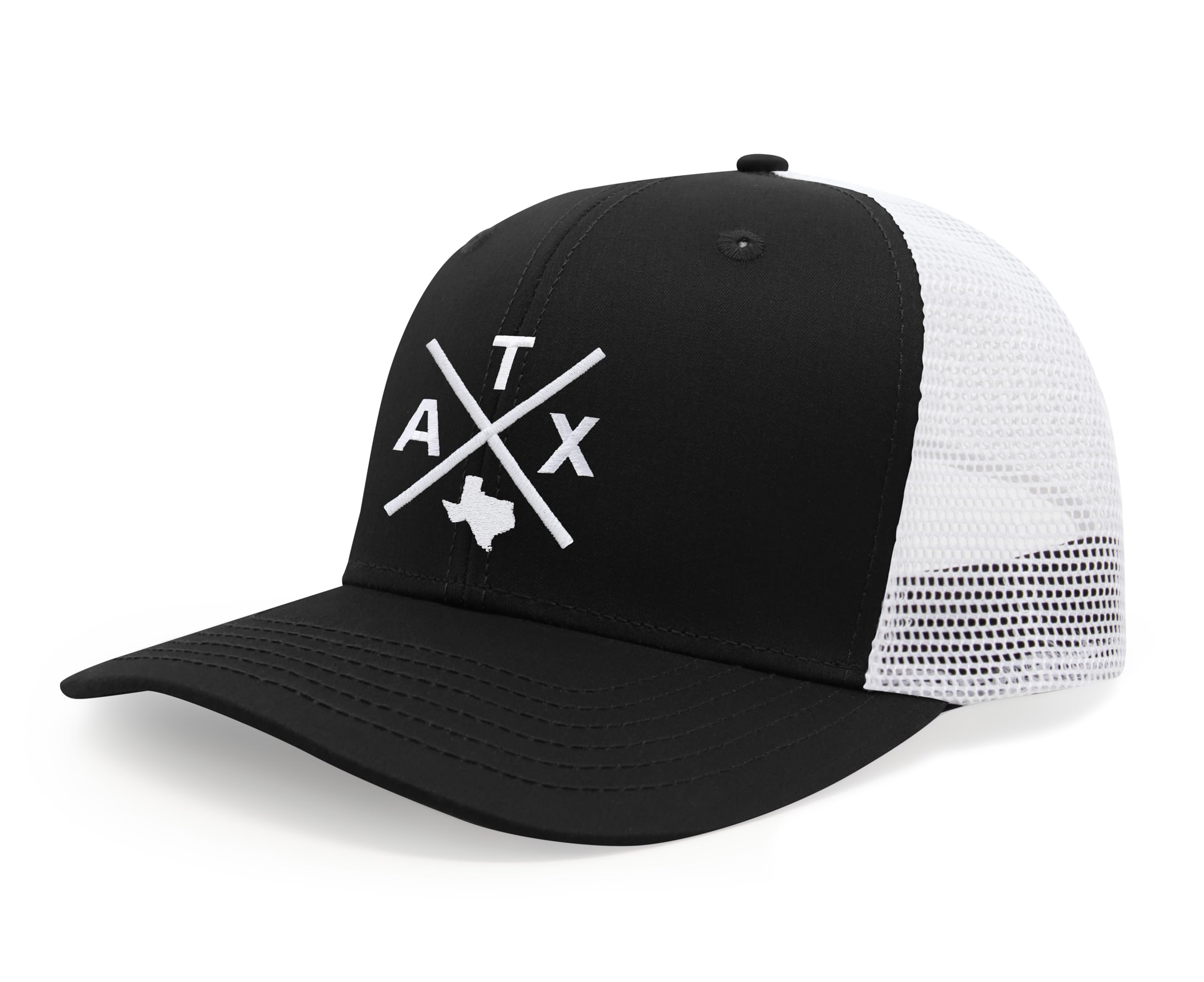 International Tie Austin ATX Trucker Hat for Men and Women – Snapback Baseball Cap (Black/White)