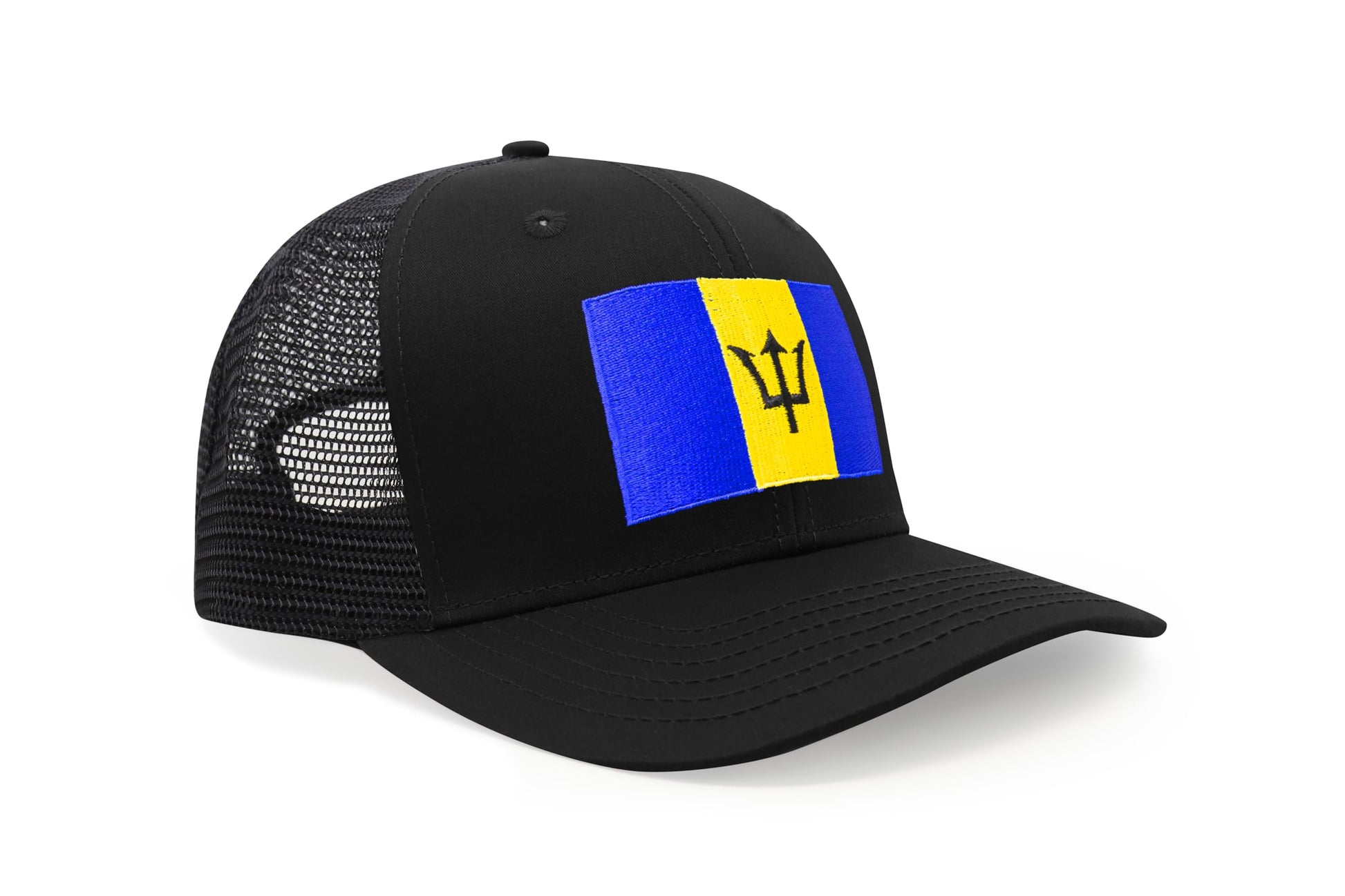 International Tie Country Hat for Men and Women, Adjustable Snapback Trucker Baseball Cap with Embroidered Patch (Barbados, All Black) - International Tie