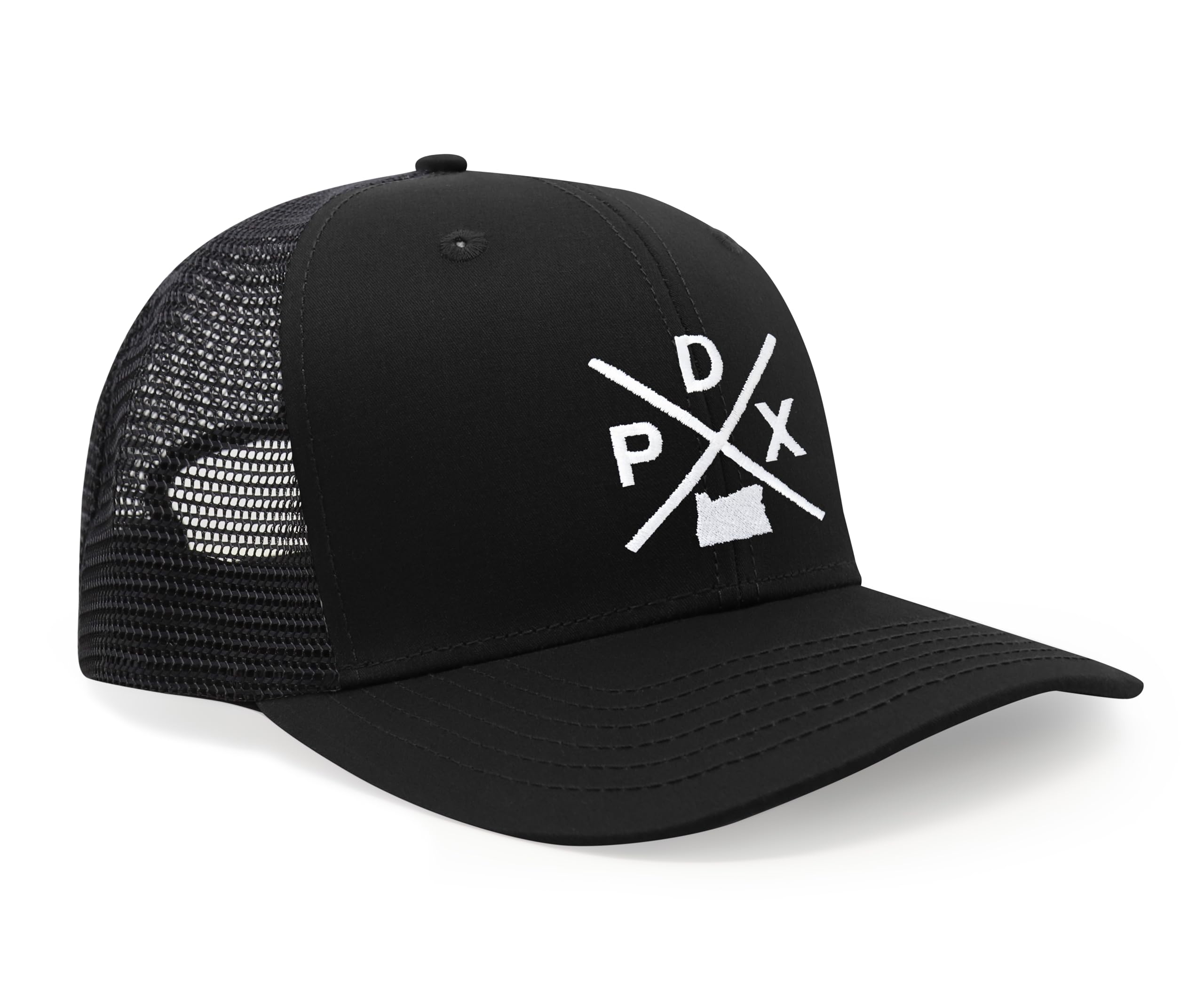 International Tie Hat for Men and Women, Snapback Trucker Baseball Cap, Embroidered Cross Logo (PDX - Portland, All Black)