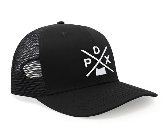 International Tie Hat for Men and Women, Snapback Trucker Baseball Cap, Embroidered Cross Logo (PDX - Portland, All Black) - International Tie