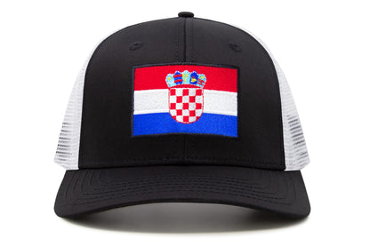 International Tie Country Hat for Men and Women, Adjustable Snapback Trucker Baseball Cap with Embroidered Patch (Croatia, Black White)