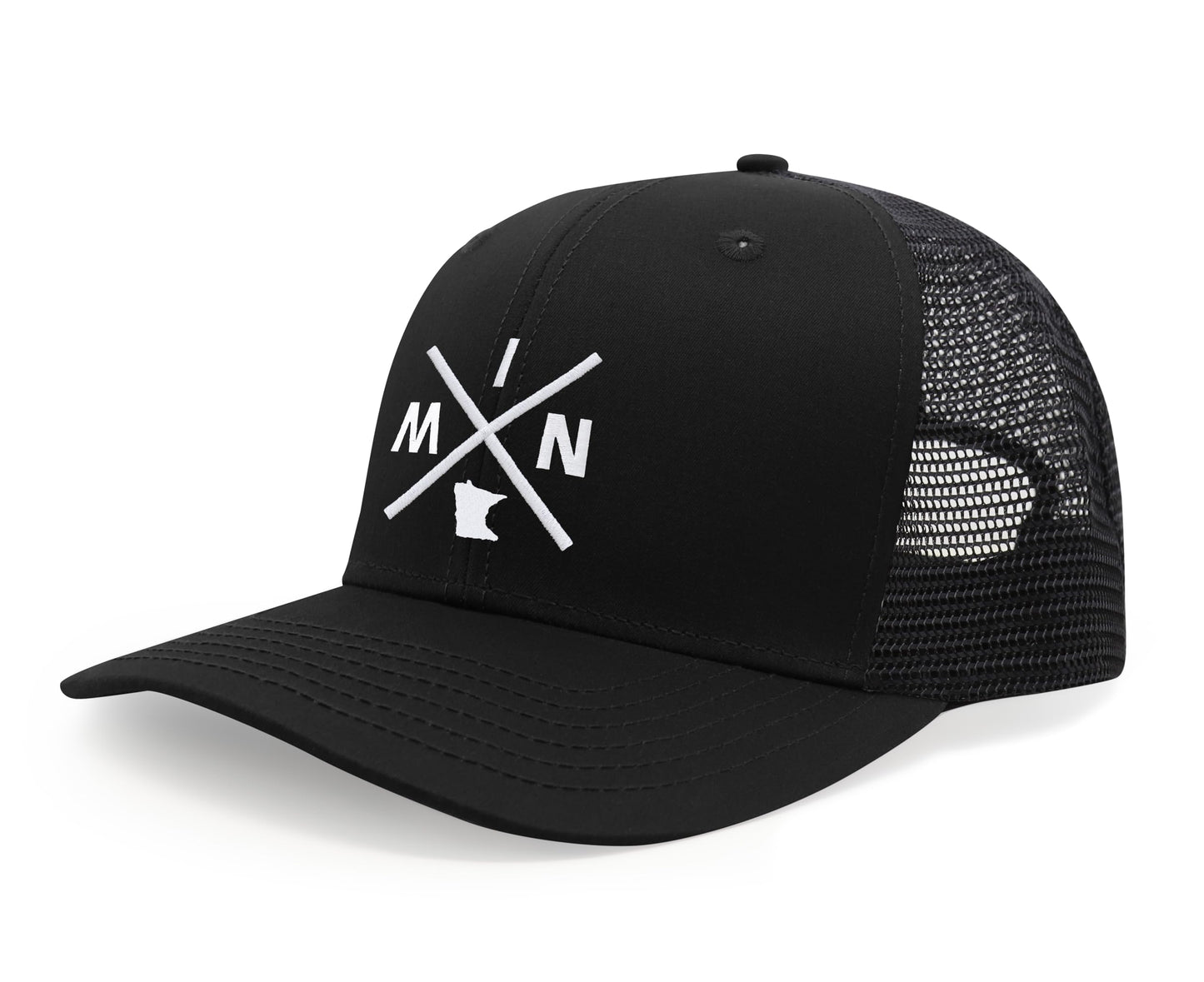 International Tie Hat for Men and Women, MIN Snapback Trucker Baseball Cap, Embroidered Cross Logo (MIN - Minnesota, All Black)