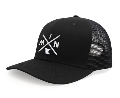 International Tie Hat for Men and Women, MIN Snapback Trucker Baseball Cap, Embroidered Cross Logo (MIN - Minnesota, All Black)