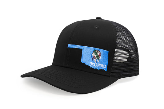 International Tie Stateline Flag Hat for Men and Women - Snapback Trucker Baseball Cap (Oklahoma, All Black)