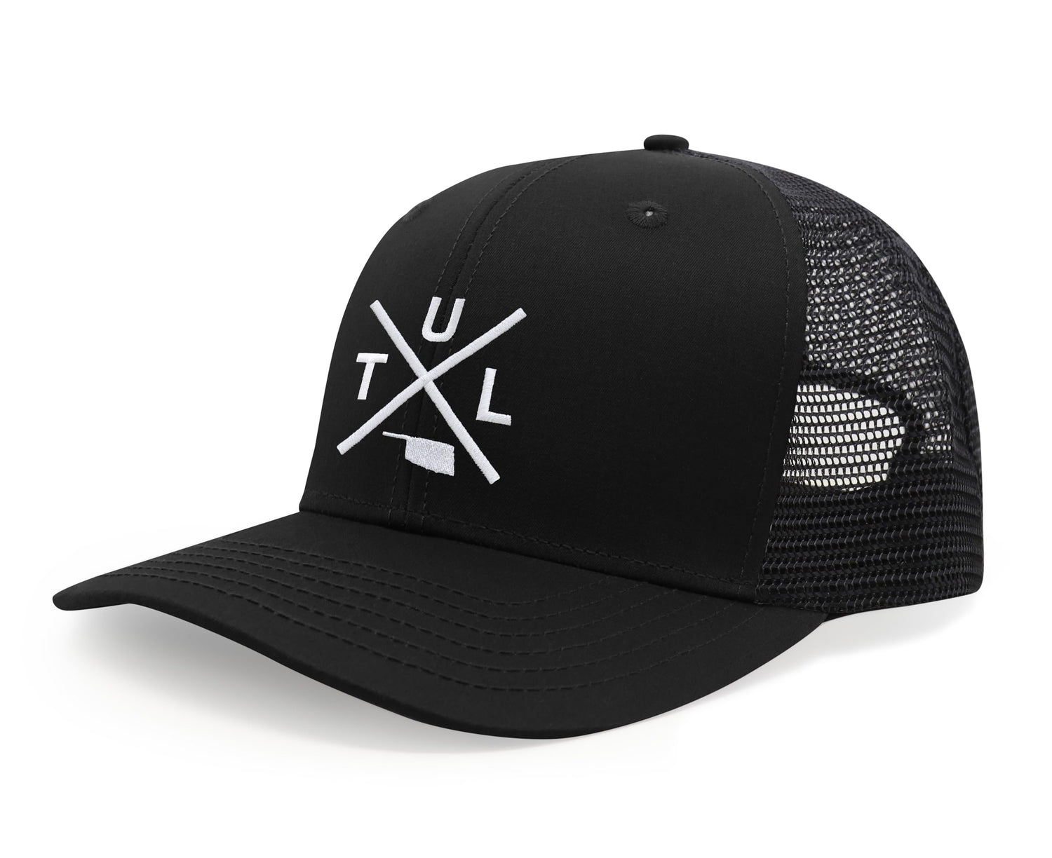 International Tie Hat for Men and Women, TUL Snapback Trucker Baseball Cap, Embroidered Cross Logo (TUL - Tulsa, All Black) - International Tie