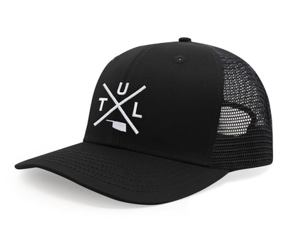 International Tie Hat for Men and Women, TUL Snapback Trucker Baseball Cap, Embroidered Cross Logo (TUL - Tulsa, All Black)