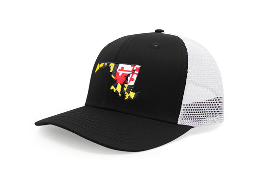 International Tie Stateline Flag Hat for Men and Women - Snapback Trucker Baseball Cap (Maryland, Black White)