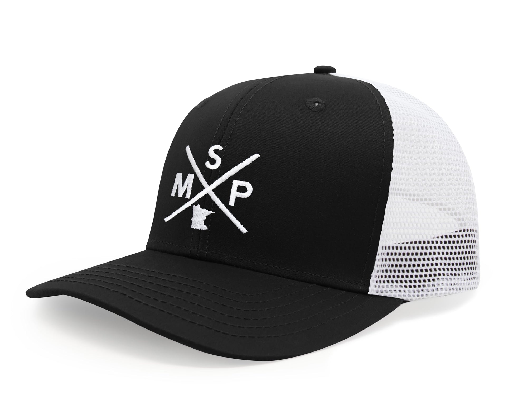 International Tie State City Hat for Men and Women, Snapback Trucker Baseball Cap with Embroidered Cross Logo (MSP - Minneapolis St. Paul, Black White) - International Tie