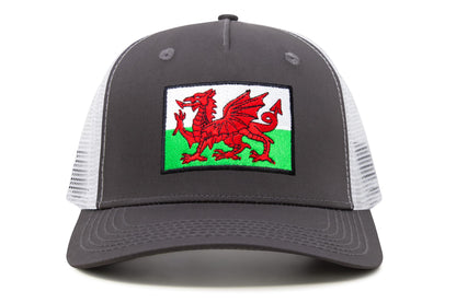 International Tie Country Hat for Men and Women, Adjustable Snapback Trucker Baseball Cap with Embroidered Patch (Wales, Grey White)