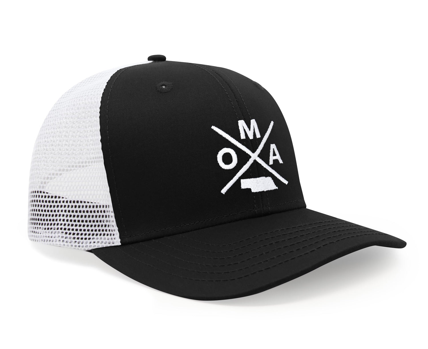 International Tie Hat for Men and Women, Snapback Trucker Baseball Cap, Embroidered Cross Logo (OMA - Omaha, Black White) - International Tie