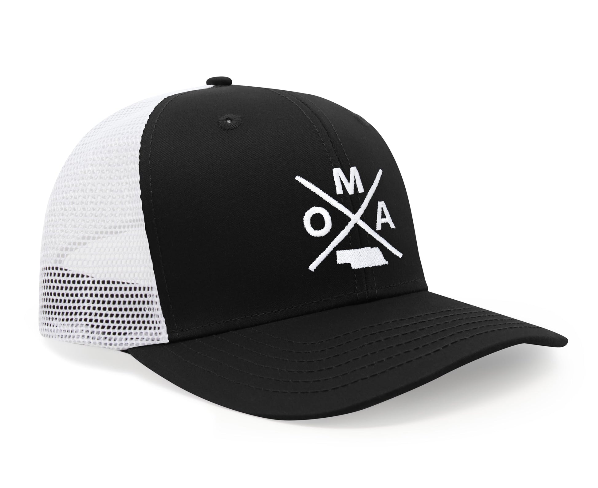 International Tie Hat for Men and Women, Snapback Trucker Baseball Cap, Embroidered Cross Logo (OMA - Omaha, Black White) - International Tie